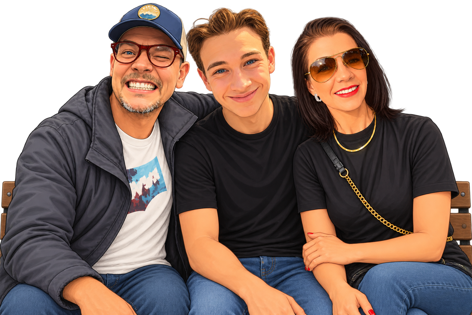 Illustrert familieportrett av Patrik, Theodor og Linn sittende sammen